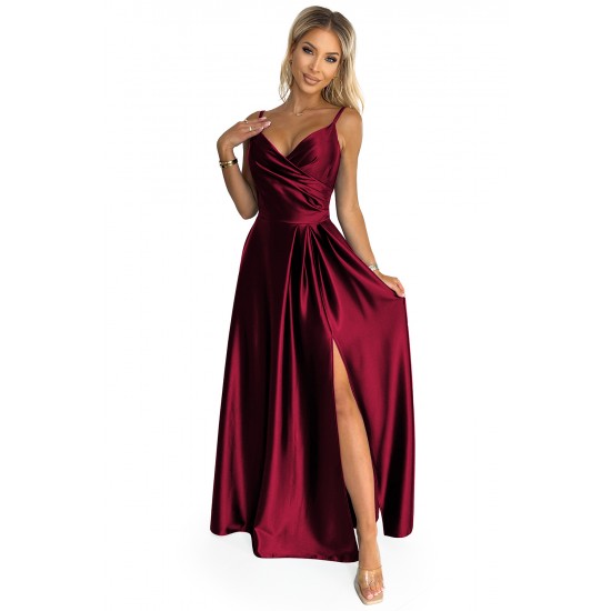 299-13 CHIARA eleganta satīna maxi kleita ar lencītēm - bordo