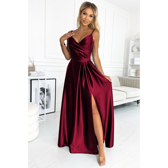 299-13 CHIARA eleganta satīna maxi kleita ar lencītēm - bordo