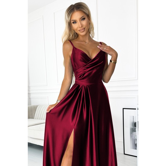 299-13 CHIARA eleganta satīna maxi kleita ar lencītēm - bordo