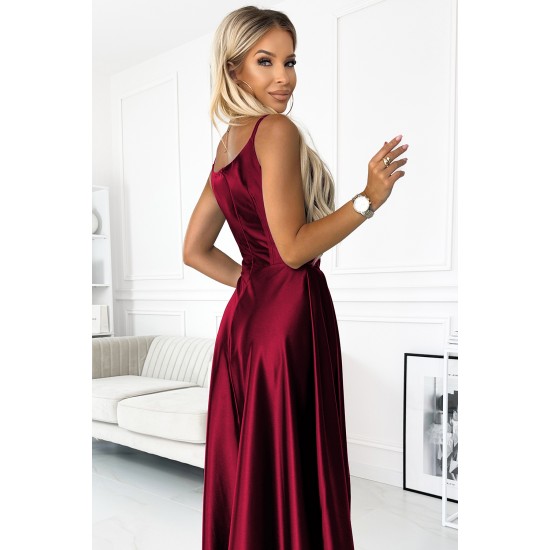 299-13 CHIARA eleganta satīna maxi kleita ar lencītēm - bordo