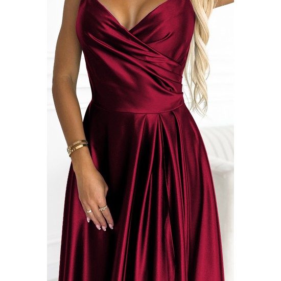 299-13 CHIARA eleganta satīna maxi kleita ar lencītēm - bordo